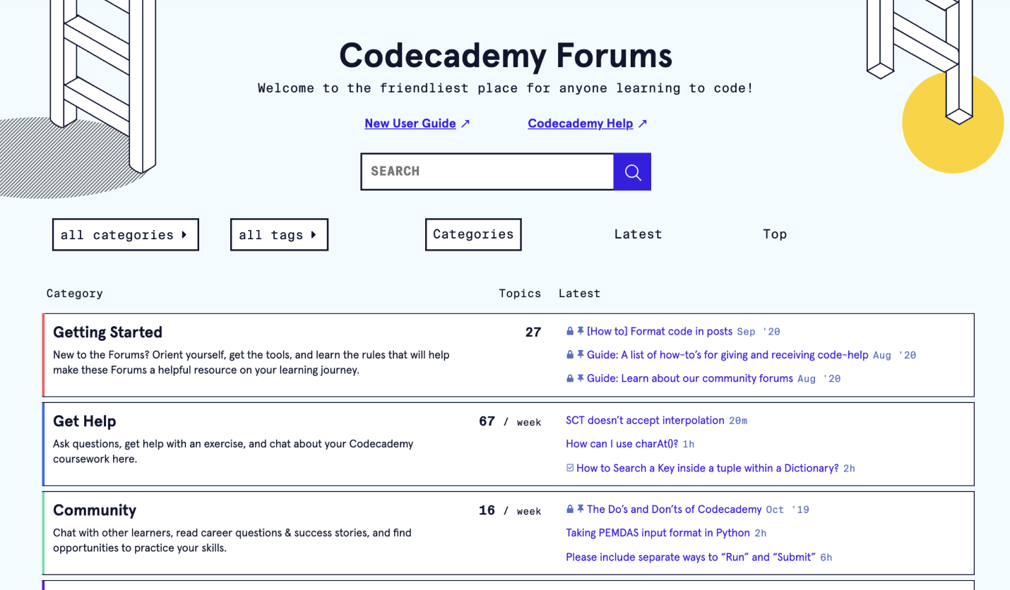 A photo of the codeacademy forums homepage